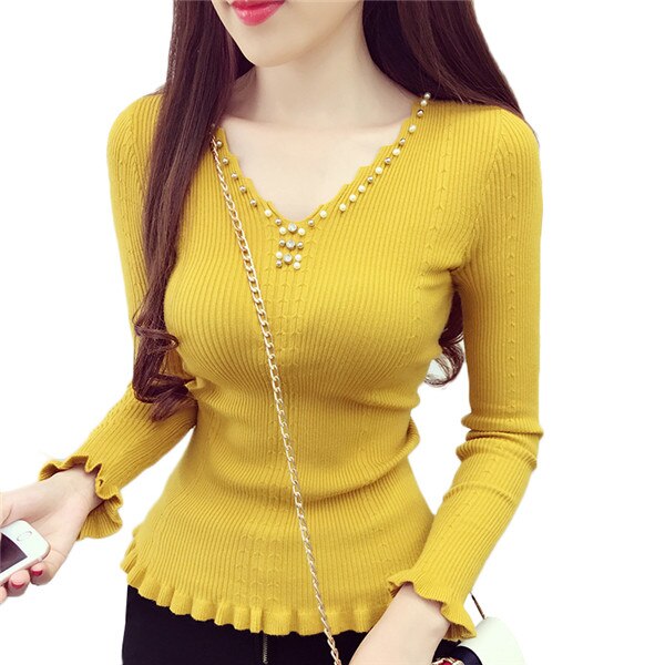V-neck Knitted Tops Solid Slim Elasticity Knit Pullover Sweater Female
