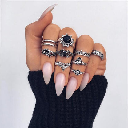 Boho Finger Jewelry Crown Geometric Rhinestone Leaf Women Ring Sets Hollow Stacking Finger Rings Vintage Silver Color