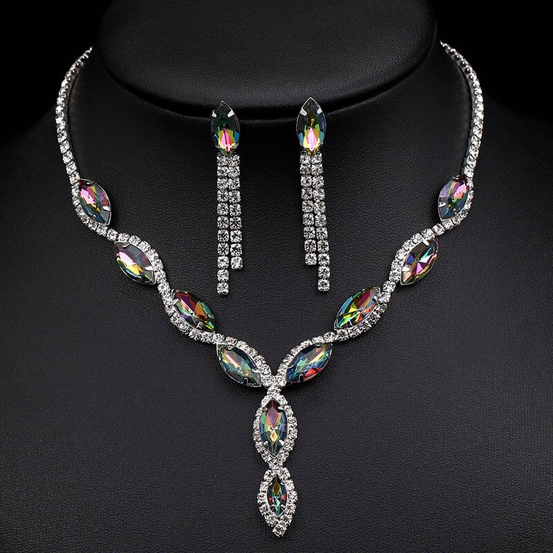 TREAZY Elegant Leaf Tassel Bridal Jewelry Sets Colorful Crystal Rhinestone Necklace Earrings Prom Wedding Jewelry Sets for Women