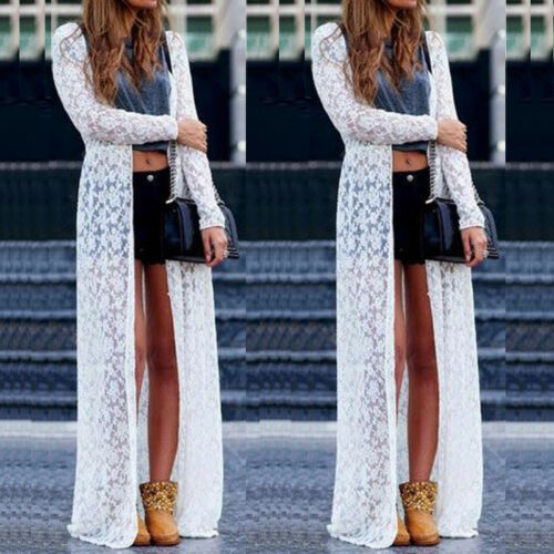 Women White Lace Bikini Cover-up Summer Cardigan Swimwear Beach Long Dress