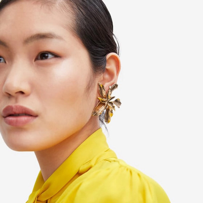 Metal Gold Flower ZA Big Earrings For Women
