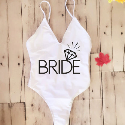 Thong padded Sexy One Piece Swimsuit Fused Swimwear Backless White Team BRIDE& SQUAD Bikini