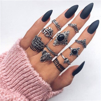 Boho Finger Jewelry Crown Geometric Rhinestone Leaf Women Ring Sets Hollow Stacking Finger Rings Vintage Silver Color