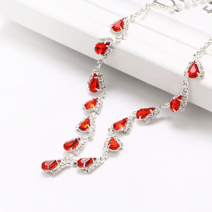 TREAZY Fashion Red Crystal Teardrops Bridal Jewelry Set Necklace Earrings Brides Wedding Jewelry Set Party Costume Accessories