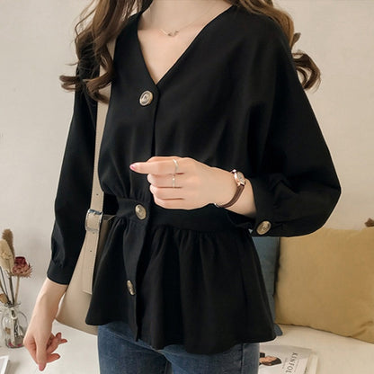 Women&#39;s Casual V Neck Button Up Slim Ruffles Waist Long Sleeve Solid Blouse Batwing Sleeve Shirt Women Tops Female  Autumn