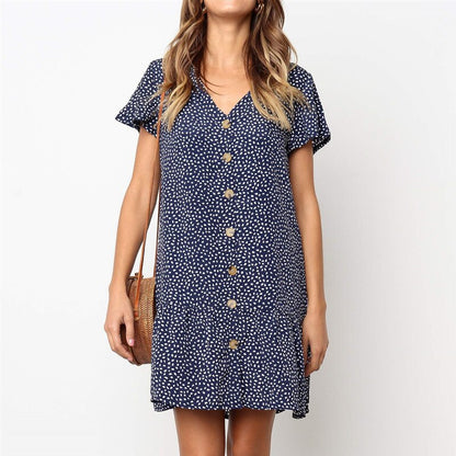 Bohemian Buttons Dot Printed Dress V Neck Short Sleeve Casual Mini Dress Sexy Loose Beach Dress