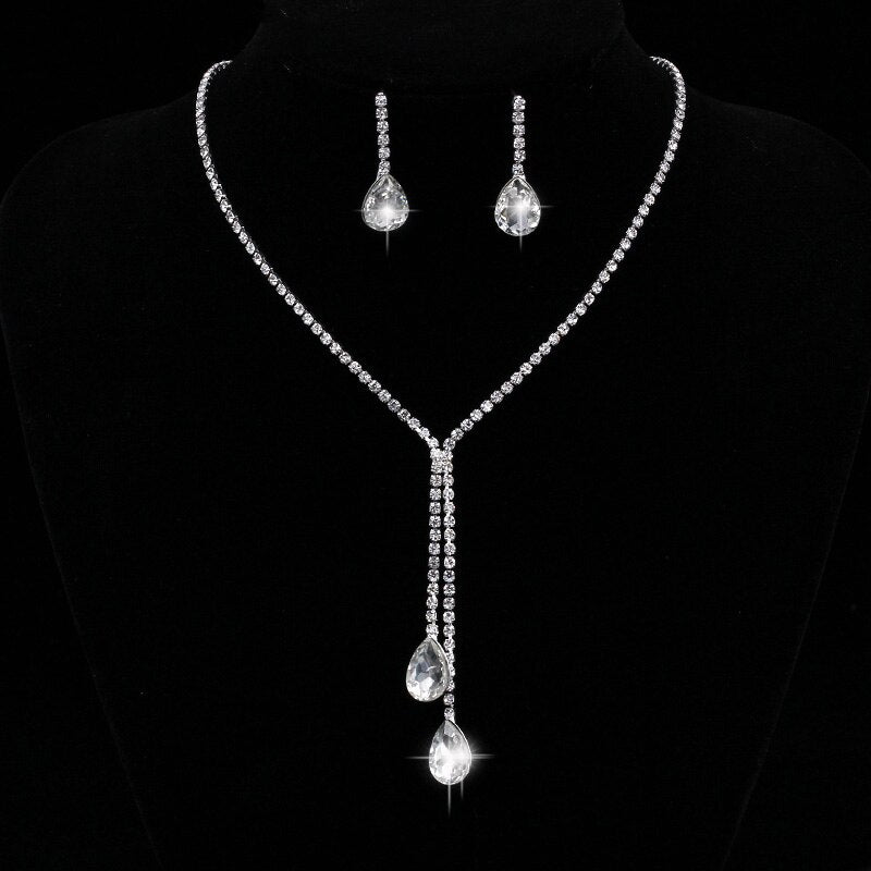 TREAZY Bride Silver Plated Water Drop Crystal Necklace Earrings Set for Women Rhinestone Bridal Bridesmaid Wedding Jewelry Set