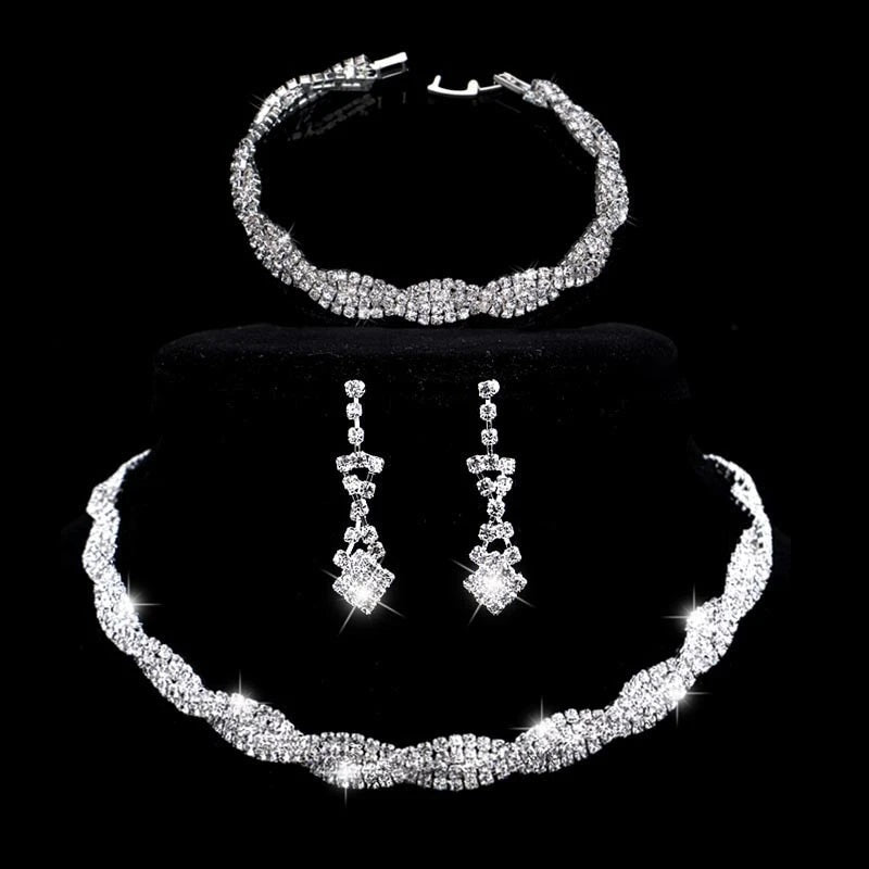 TREAZY Stunning Silver Plated Rhinestone Crystal Wedding Jewelry Choker Necklace Earrings Bracelet Set Women Bridal Jewelry Set