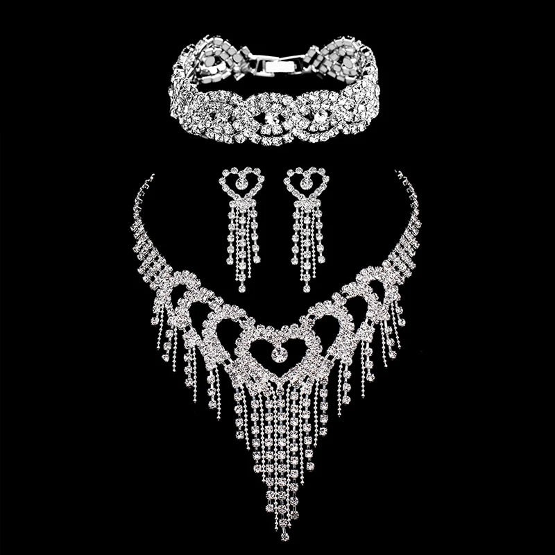TREAZY Luxury Rhinestone Crystal Bridal Jewelry for Women Heart Tassel Necklace Earrings Bracelet Set Wedding Jewelry Gifts