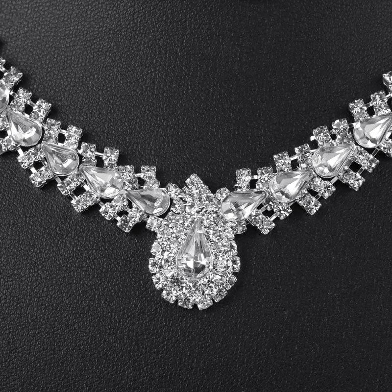 TREAZY Sparkling Rhinestone Crystal Teardrop Design Wedding Bridal Jewelry Set Silver Plated Women Choker Necklace Earrings Set