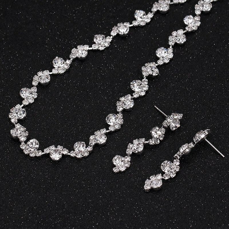TREAZY Silver Color Rhinestone Crystal Waving Choker Necklace Earrings Set Bridesmaid Bridal Wedding Jewelry Sets