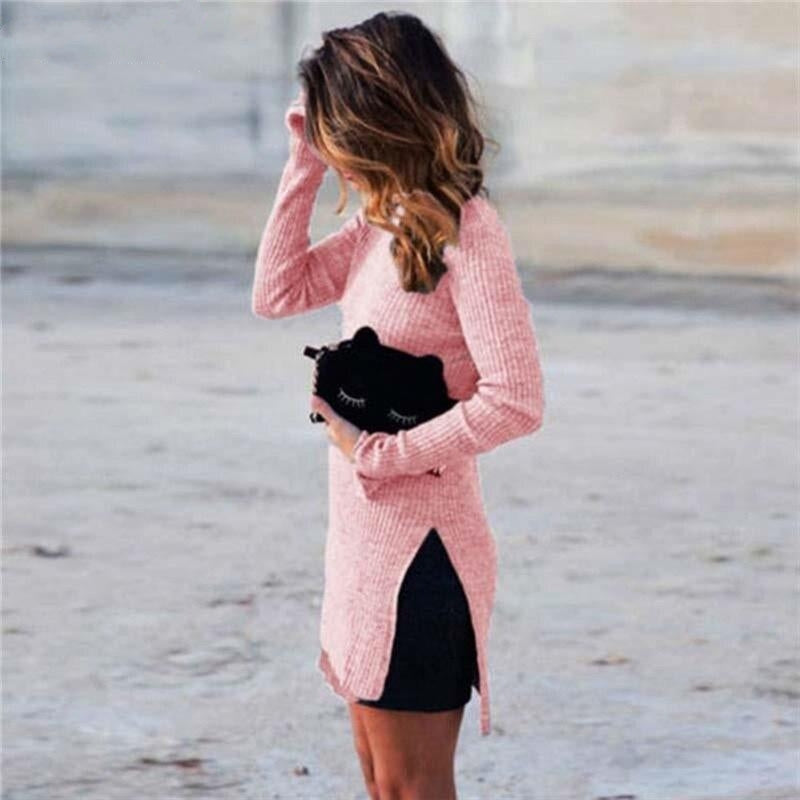 Turtleneck Sweater Fashion Design Elegant Women Tops Split Pullovers Sweater Solid Color