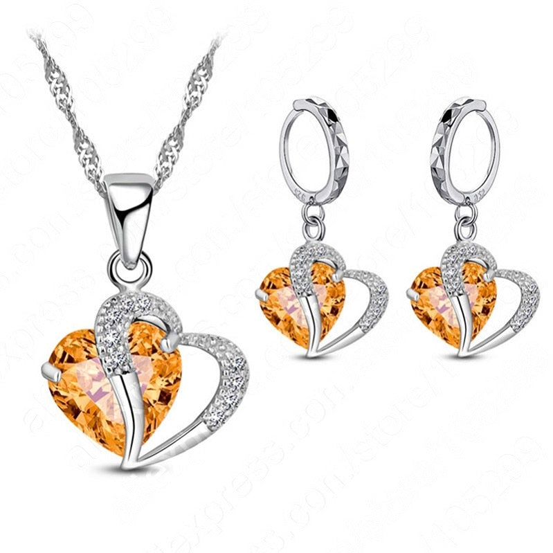 Luxury Women 925 Sterling Silver Cubic Zircon Necklace Pendant Earrings Sets Cartilage Piercing Jewelry Wedding Heart Design