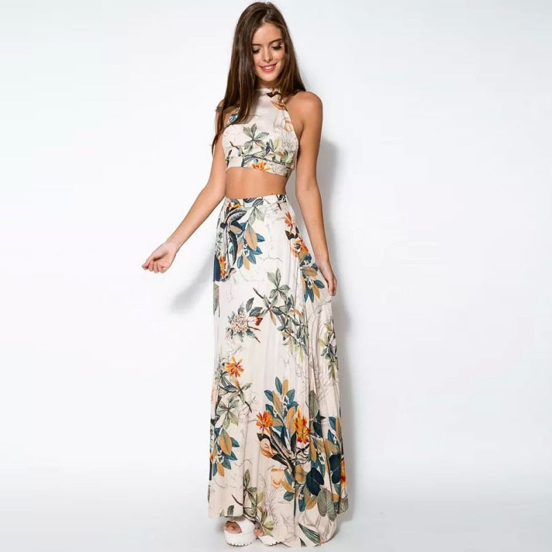 Large Size Dress Summer Print Top and Long Skirts Set