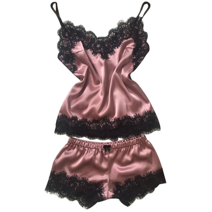 40^V-Neck Pyjamas Sleeveless Cute Cami Top and Shorts for women  fishion Women's Sleepwear Sexy Satin Pajama Set Black Lace