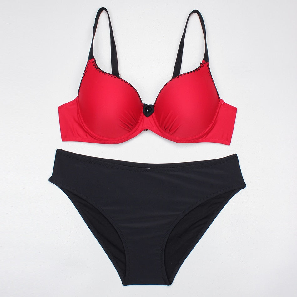 Red Push Up Bikini Set Plus Size Women Swimwear Sexy Padded Adjustable Strap Bordered Bikinis