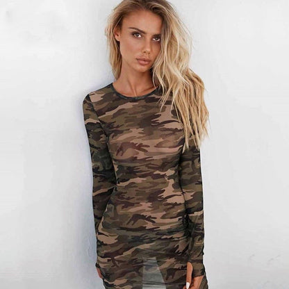 Women Dress Long Sleeve Camouflage Mini Dresses Fashion Mesh See Through Evening Party Dresses Ladies Slim Skinny Pencil Dress