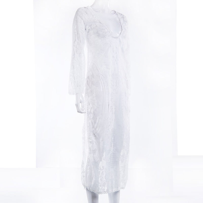 White Lace Hollow Long Sleeve Bikini Cover-Ups Maxi Long Dress