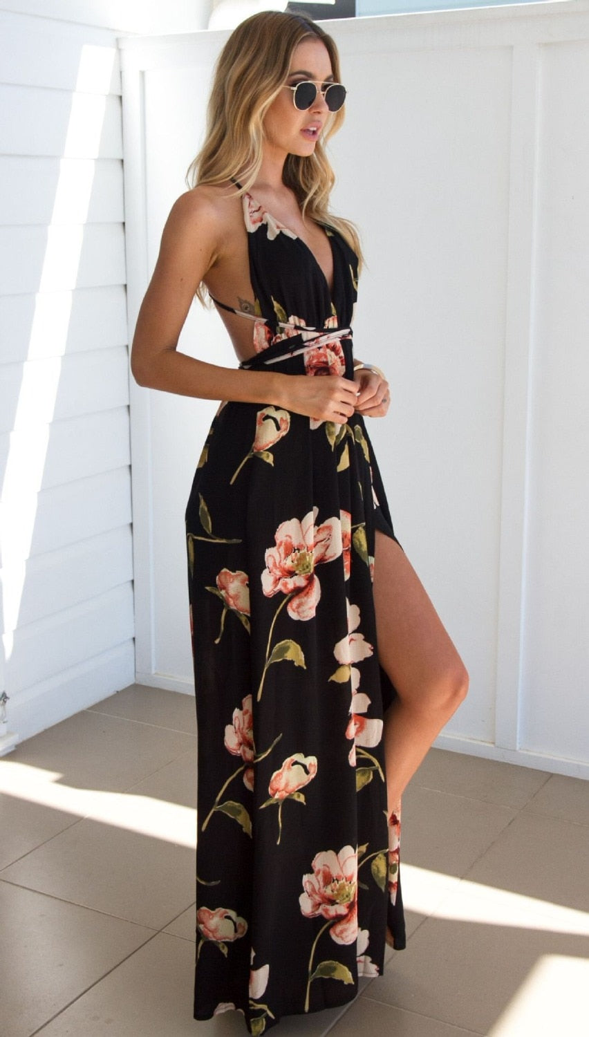 Summer dress 2020 Floral Vestidos Mujeres Sexy Maxi Dress Long Pleated Dresses Backless robe femme robe longue evenning-dress