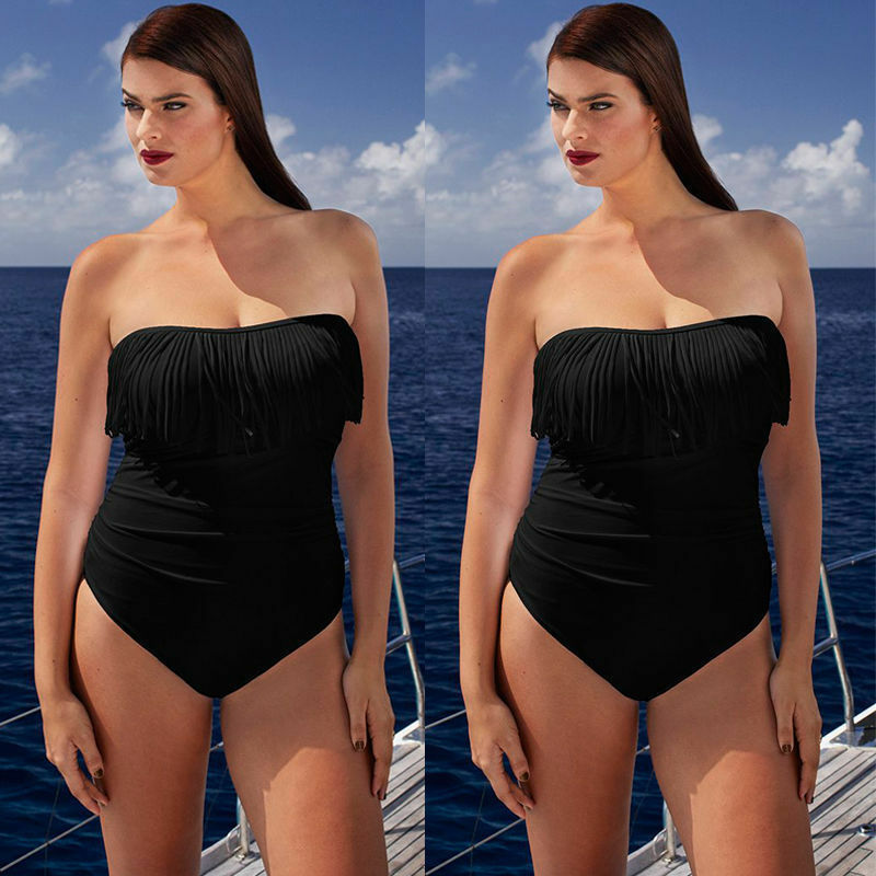 One-Piece Bikini Solid Off Shoulder Tassels Swimsuit Beachwear Swimwear Ladies Push Up Plus Size XL-4XL Swimwear