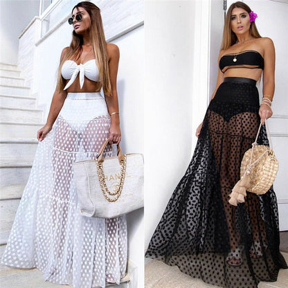 Summer Swimwear Women Maxi Skirt See Through Polka Dot Pleated Retro Swimsuit Bikini Cover Up Elastic Waist Bathing Skirts