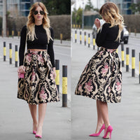 Vintage Womens Elegant Floral Skirts Stretch High Waist Skater Flared Pleated Casual Midi Skirt 2016 Hot Selling