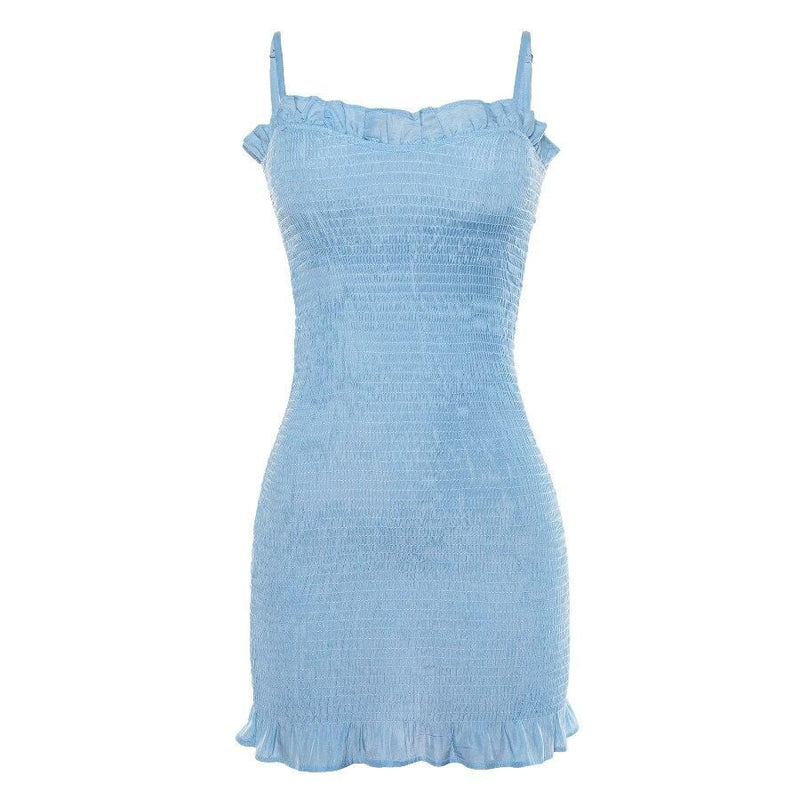 Blue Fashion Small Fresh Dress Ruffles Spaghetti Strap Lady Draped
