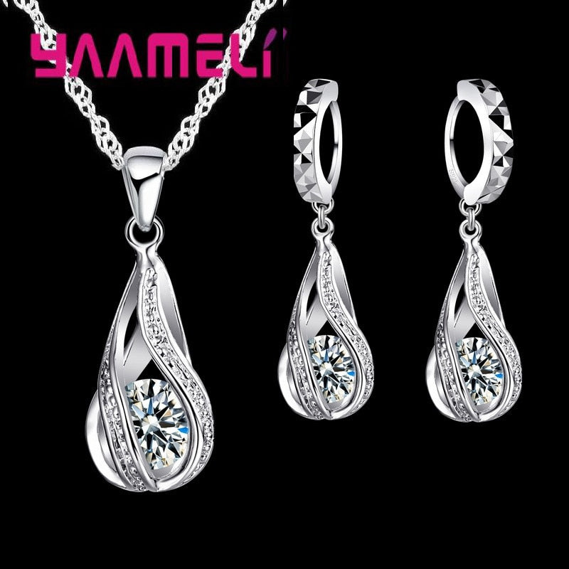 Hot Water Drop CZ 925 Sterling Silver Jewelry Set For Women Pendant Necklace Hoop Earrings Wedding Party Ceremoey Anel