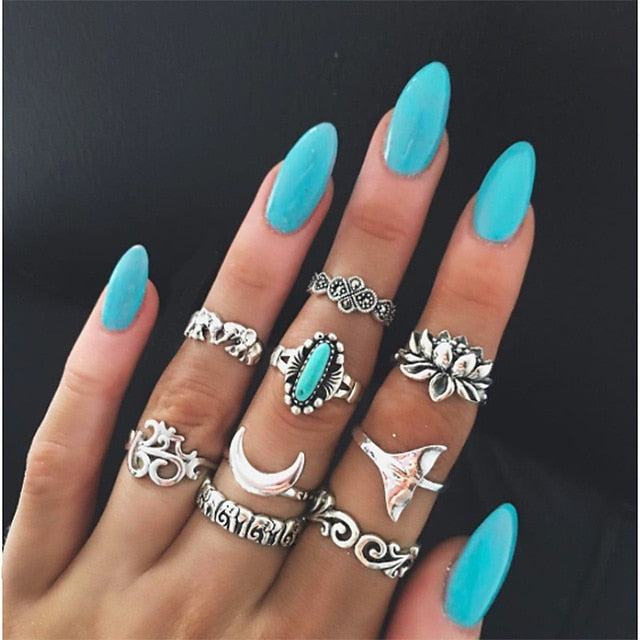 Boho Finger Jewelry Crown Geometric Rhinestone Leaf Women Ring Sets Hollow Stacking Finger Rings Vintage Silver Color