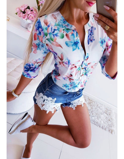 3/4 Sleeve Floral Loose Blouses Tops Woman Female Shirt