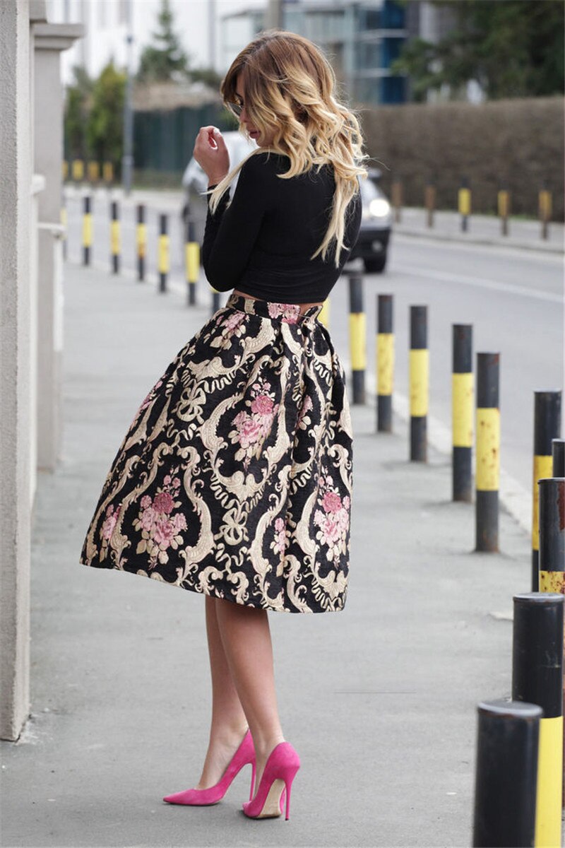 Vintage Womens Elegant Floral Skirts Stretch High Waist Skater Flared Pleated Casual Midi Skirt 2016 Hot Selling