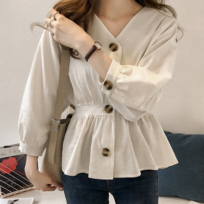 Women&#39;s Casual V Neck Button Up Slim Ruffles Waist Long Sleeve Solid Blouse Batwing Sleeve Shirt Women Tops Female  Autumn