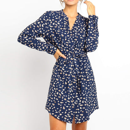 Floral Print Elegant Office Dress Vintage V Neck Long Sleeve Mini Dress