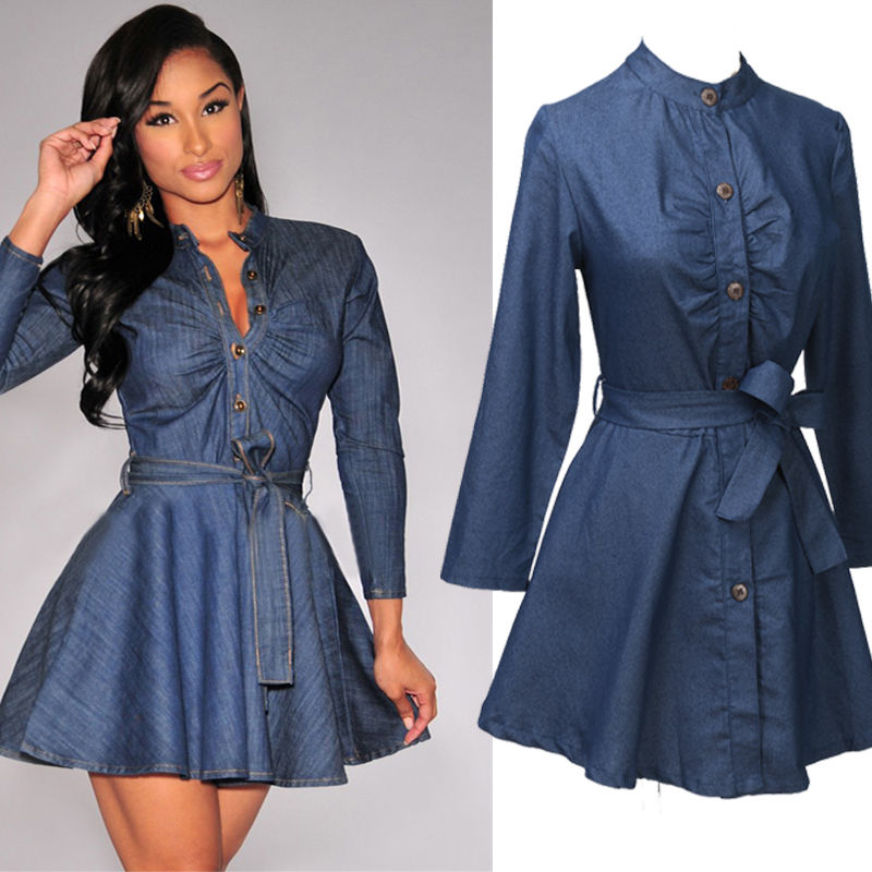 Slim Fit Denim Dress Bowknot Belt Long Sleeve Shirt Dress