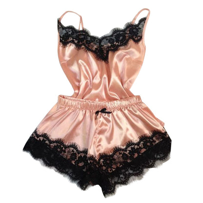 40^V-Neck Pyjamas Sleeveless Cute Cami Top and Shorts for women  fishion Women's Sleepwear Sexy Satin Pajama Set Black Lace