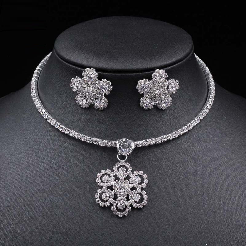 TREAZY Crystal Bridal Wedding Jewelry Set Rhinestones Flower Pendant Choker Necklace Earrings Set for Women African Jewelry Set