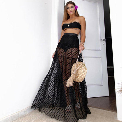 Summer Swimwear Women Maxi Skirt See Through Polka Dot Pleated Retro Swimsuit Bikini Cover Up Elastic Waist Bathing Skirts