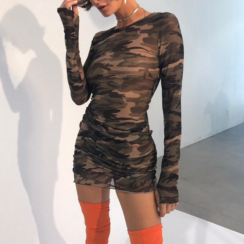 Women Dress Long Sleeve Camouflage Mini Dresses Fashion Mesh See Through Evening Party Dresses Ladies Slim Skinny Pencil Dress