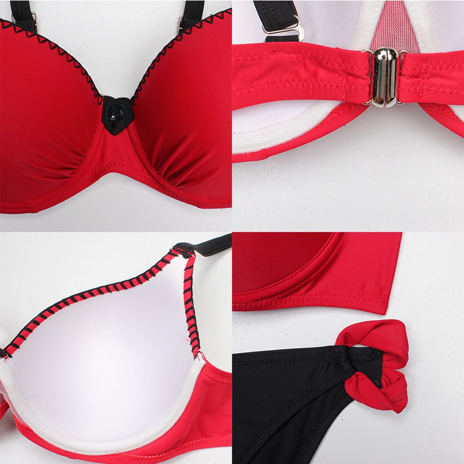 Red Push Up Bikini Set Plus Size Women Swimwear Sexy Padded Adjustable Strap Bordered Bikinis