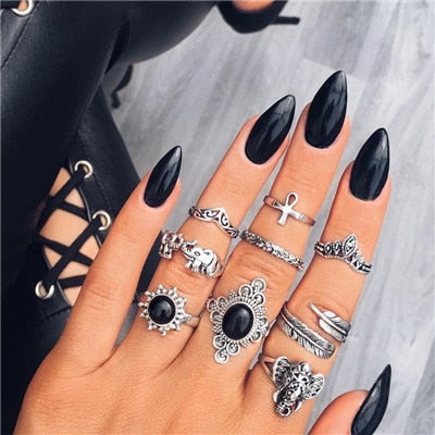 Boho Finger Jewelry Crown Geometric Rhinestone Leaf Women Ring Sets Hollow Stacking Finger Rings Vintage Silver Color