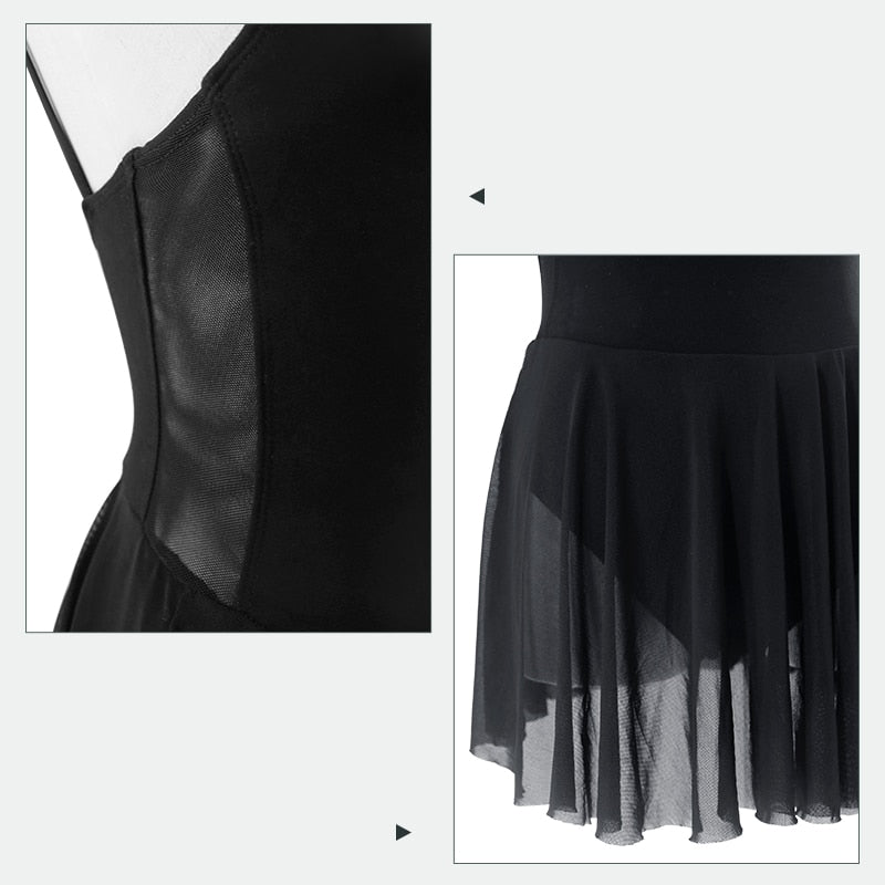 Lyrical Ballet Dress Women Girls Camisole Leotard Dress Adult Black Dance Costumes With Mesh Skirt