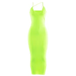Women sexy strap v-neck dress solid Neon color sleeveless skinny long dress