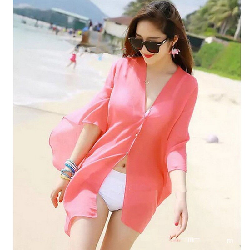 New Summer Sexy Women soild v-neck Cover Up Kaftan Chiffon Swim Wear Beach Bikinis Sundress Beach Dress tunica robe de plage