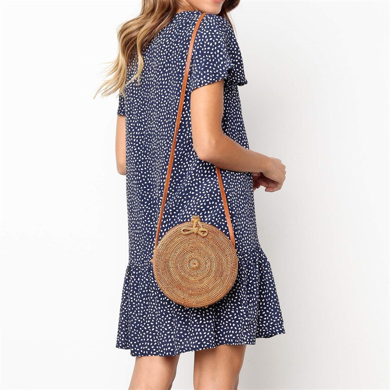 Bohemian Buttons Dot Printed Dress V Neck Short Sleeve Casual Mini Dress Sexy Loose Beach Dress