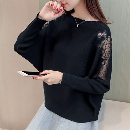 Loose Batwing Knitted Pullover Tops Lace Decoration