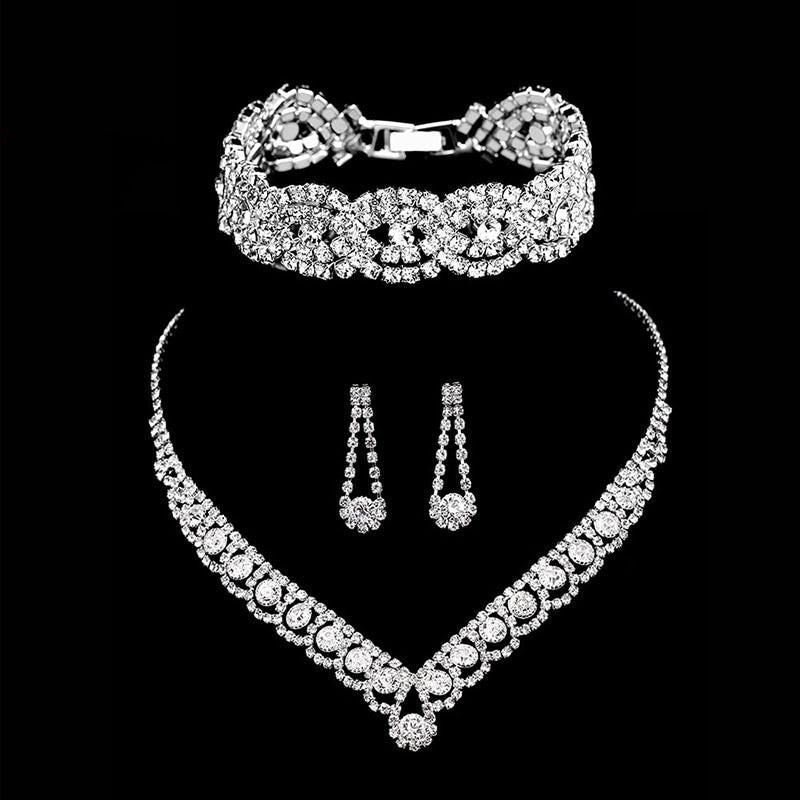 TREAZY Silver Color Rhinestone Crystal Bridal Jewelry Sets for Women Necklace Earrings Bracelet Set Wedding Jewelry Accessories