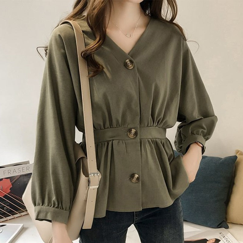 Women&#39;s Casual V Neck Button Up Slim Ruffles Waist Long Sleeve Solid Blouse Batwing Sleeve Shirt Women Tops Female  Autumn