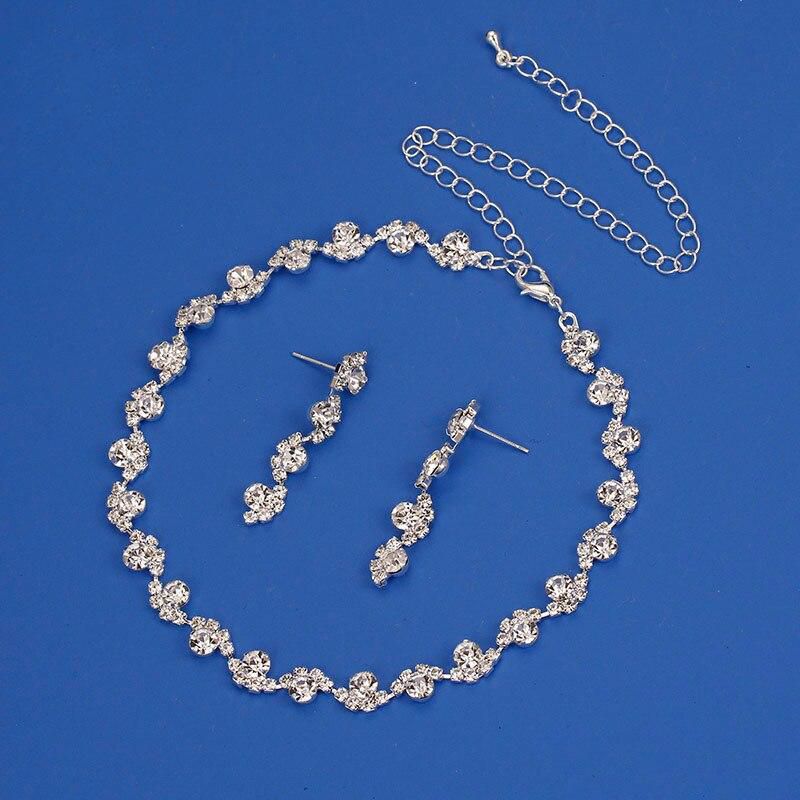TREAZY Silver Color Rhinestone Crystal Waving Choker Necklace Earrings Set Bridesmaid Bridal Wedding Jewelry Sets