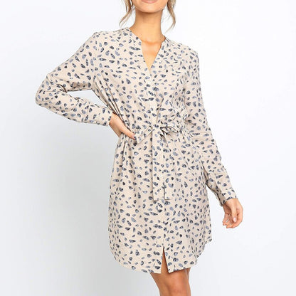 Floral Print Elegant Office Dress Vintage V Neck Long Sleeve Mini Dress