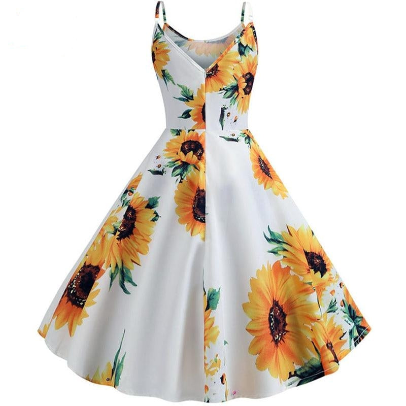 Sunflower Print Tunic Beach Dress Sundress White Spaghetti Strap Swing Vintage Rockabilly Dresses